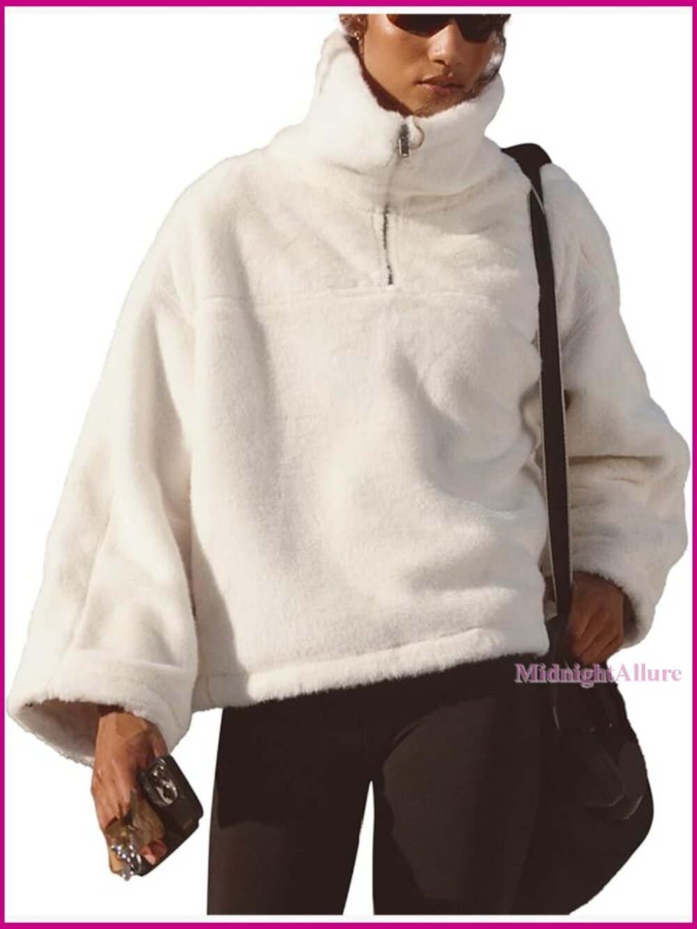 Oversized Faux Fur Quarter Zip Pullover Jacket Long Sleeve Winter Warm